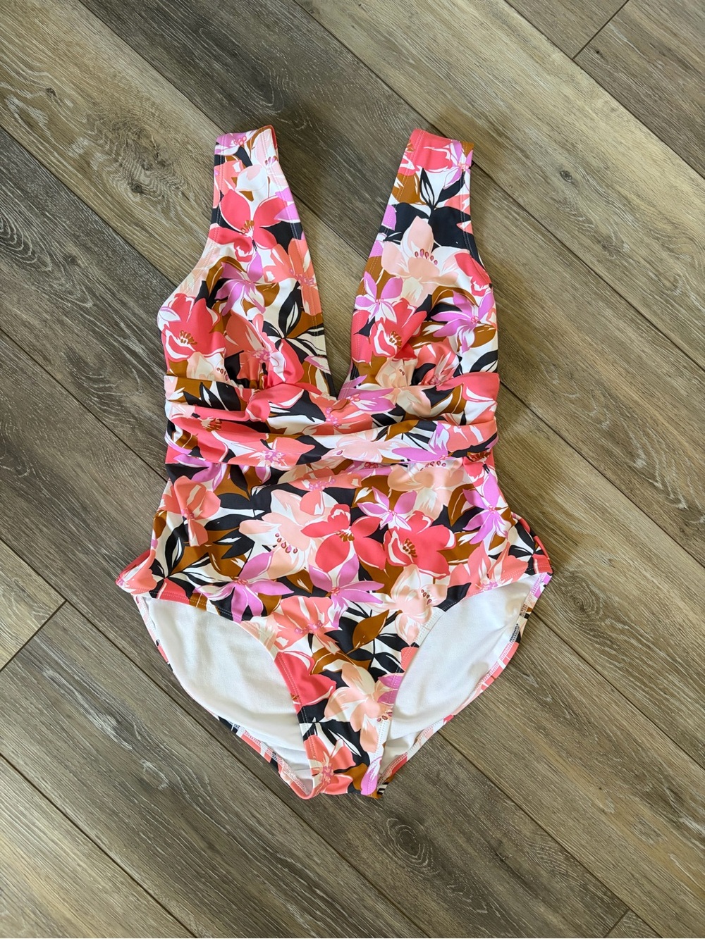 Kona Sol Pink Floral V-Neck One-Piece Swimsuit Size Large